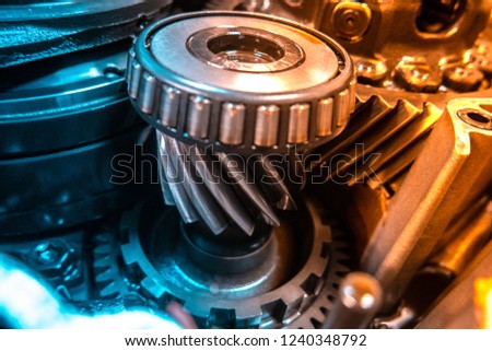 Car Automatic transmission gears. Automotive repair workshop garage mechanic. Dual tone lighting blue and orange. Royalty-Free Stock Photo #1240348792