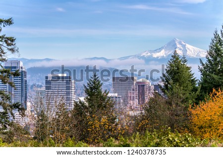 Portland Oregon skyline fog and Mt. Hood.
