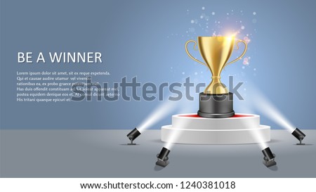 Business or sport competition winner poster web banner template. Vector illustration of white round podium with trophy award cup illuminated by floor spotlights. Royalty-Free Stock Photo #1240381018