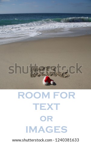 Santa Hat. Santa Claus hat on the beach with the words HAPPY HOLIDAYS written in the sand. 
Room for text.
Words can be removed and replaced with your own. 
