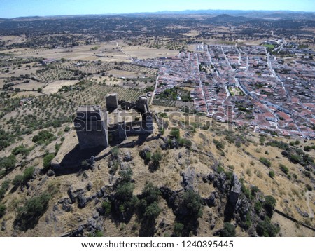 Aerial view of Burguillso del Cerro. Badajoz, Extremadura. Spain. Drone Photo