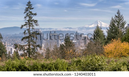 Portland Oregon panorama skyline, fog and Mt. Hood.