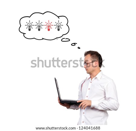 businessman dreaming with laptop on white background
