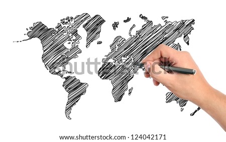 hand drawing world map on white background