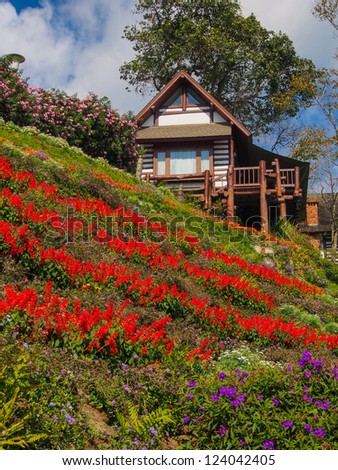 Bungalow and Flowers Scene