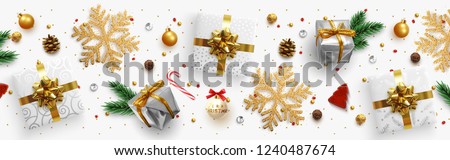 Christmas composition with decorative elements of design. Holiday illustration decoration the border of realistic objects. Xmas banner, greeting card. Festive horizontal template. Flat lay, Top view.