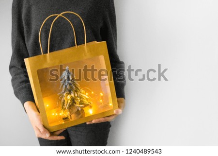 Girl holds New Year's gift in the craft package. Christmas concept online shopping.  Top view, Copy space