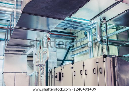 Industrial ventilation, air handling unit with ductwork Royalty-Free Stock Photo #1240491439