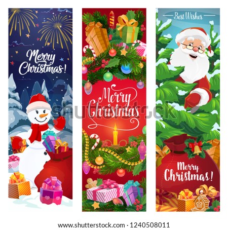 Vector Santa, snowman and Christmas wreath with gifts, Xmas tree and present boxes, bell, holly and candle, ribbon bow, stars and snow, candy and gingerbread. Merry Christmas greeting banners