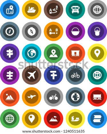 White Solid Icon Set- camping cauldron vector, compass, school bus, world, bike, signpost, navigator, earth, map pin, Railway carriage, plane, ship, route, globe, mountain