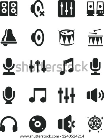 Solid Black Vector Icon Set - bell vector, desktop microphone, loudspeaker, silent mode, drumroll, drum, music, regulator, volume, no sound, cd, headphones, pc speaker, note, settings, disco ball