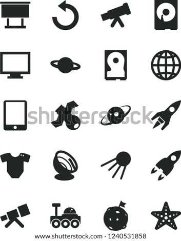 Solid Black Vector Icon Set - monitor vector, counterclockwise, t short, earth, artificial satellite, planet, billboard, tablet pc, hdd, telescope, antenna, saturn, rocket, lunar rover, flag on moon