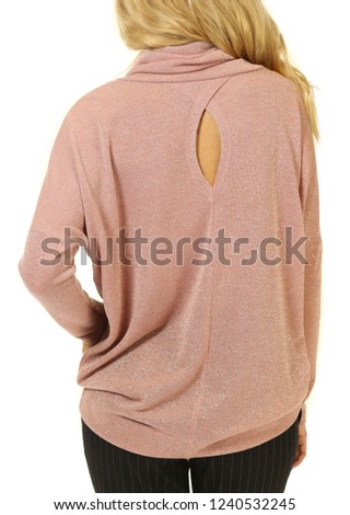 blond business woman with model girl in pink long sleeve formal blouse close up photo isolated on white back view