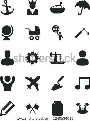 Solid Black Vector Icon Set - baby carriage vector, trowel, globe, anchor, umbrella, a bowl of rice porridge, oil derrick, welding, jar, woman, man, pencil, note, hold world, cross flags, hands up