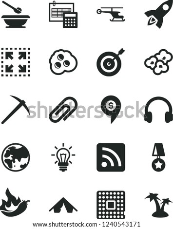 Solid Black Vector Icon Set - clip vector, rss feed, plates and spoons, calculation, size, popcorn, omelette, hot pepper, planet, processor, light bulb, headphones, target, star medal, mine axe