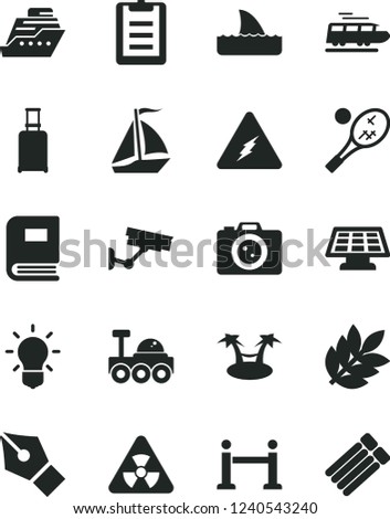 Solid Black Vector Icon Set - electricity vector, nuclear, bulb, book, clipboard, sun panel, lunar rover, biology, ink pen, train, sail boat, rope barrier, rolling suitcase, camera, tennis, cruiser