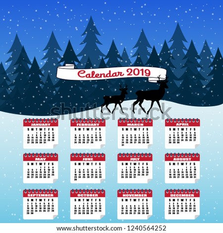 Calendar for 2019 from Sunday to Saturday. Calendar on beautiful background with trees and deers.