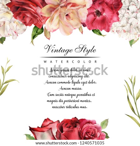 Greeting card with roses, watercolor, can be used as invitation card for wedding, birthday and other holiday and  summer background. 
