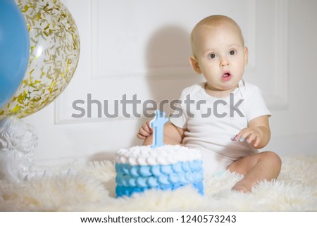 One year old child with a birthday cake. First birthday