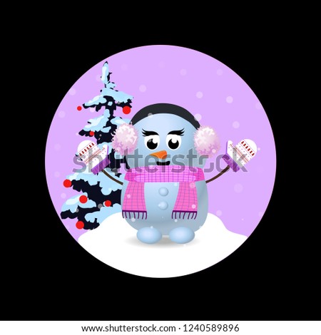 Christmas, new year round sign icon with cute cartoon character snowman girl and fir tree isolated on black background. illustration, icon, sticker, clip art, button, design element.
