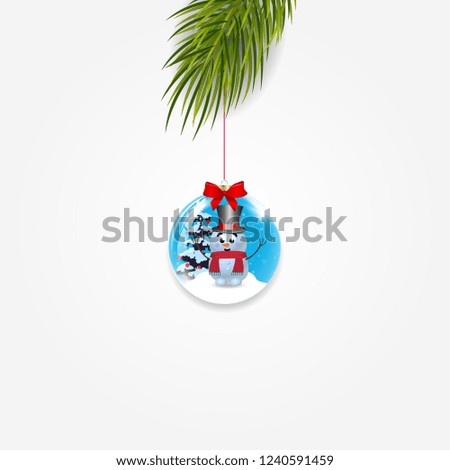Christmas tree branch with xmas and new year ball decorated with snowman and red ribbon isolated on white background. Vector illustration, clip art, icon, sign, symbol, element for greeting card