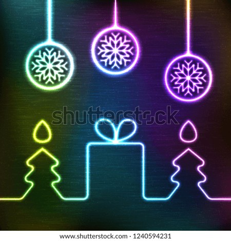 Vector Glowing Icon of Gift Box, Christmas Fir Tree as Candle and Hanging Christmas Balls with Snow Flake. Neon Sale Tag Shining on Dark Colorful Grunge Background