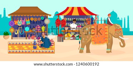 Vector illustration of Asian market with different stores and people. Elephant with rider, Taj Mahal silhouette, souvenir shop, pottery, carpets, fabrics, spices, man smoking hookah.