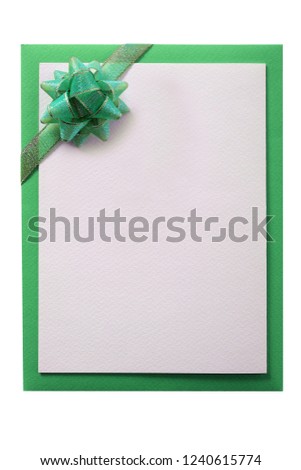 Christmas card green ribbon bow vertical isolated