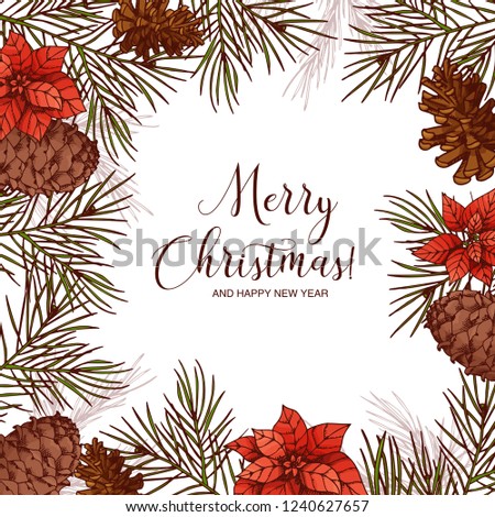 Holiday vintage design for card. Christmas celebration. Poster with lettering and hand drawn elements in sketch style. vector illustration.