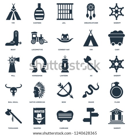 Elements Such As Sheriff, , Carriage, Wanted, Tomahawk, Cart, Ax, Bow, Bull skull, Boot, Jail, Canteen icon vector illustration on white background. Universal 25 icons set.
