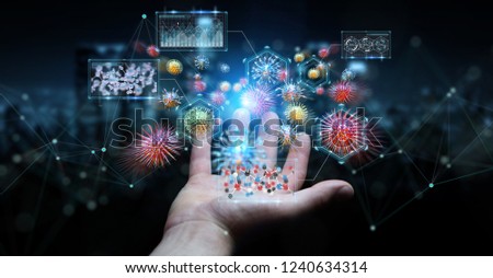 Businessman on blurred background analyzing bacteria microscopic close-up 3D rendering