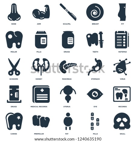Elements Such As Skull, Pills, Fat, Premolar, Caries, Notepad, Stomach, Uterus, Drugs, Molar, Scalpel, Arm icon vector illustration on white background. Universal 25 icons set.