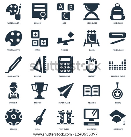 Elements Such As Graduate, Periodic table, Pencil case, Diploma, Soccer, Maths, Reading, Highlighter icon vector illustration on white background. Universal 25 icons set.