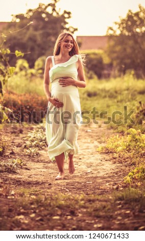  Hands full of happiness. Pregnant woman walking in nature. Copy space. 