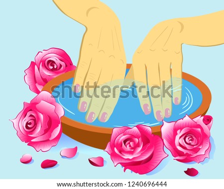 Manicure, hand care. Woman s manicured hands with bowl, flowers, vector illustration