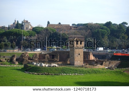 Panoramic photo of iconic Circus Maximus: ancient Roman stadium and the Palatine hill, Rome, italy      