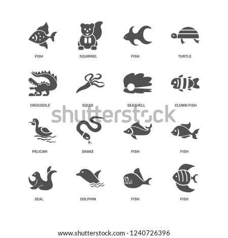 Fish, Clown fish, Seashell, Seal, Crocodile, Pelican, Dolphin, Fish icon 16 set EPS 10 vector format. Icons optimized for both large and small resolutions.