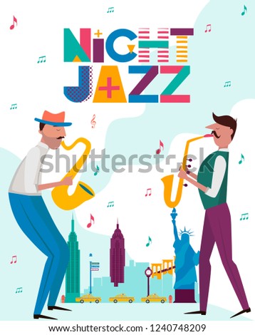 Night Jazz concert or festival poster template with New York landscape and characters playing musical instruments. Editable vector illustration