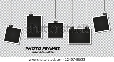 Set of photo frames with stationery clip on a transparent background.