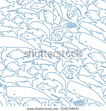 background pattern with fish thin line icons (dolphin, bone, carp, shark, whale, swordfish, piranha, tuna)