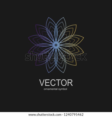 Made of thin lines detailed. Floral symmetrical geometrical symbol. Vector flower mandala icon isolated on  round colored pattern. 