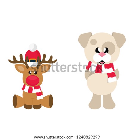 cartoon christmas deer and winter dog with scarf