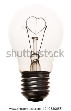 incandescent bulb heart isolated on white background