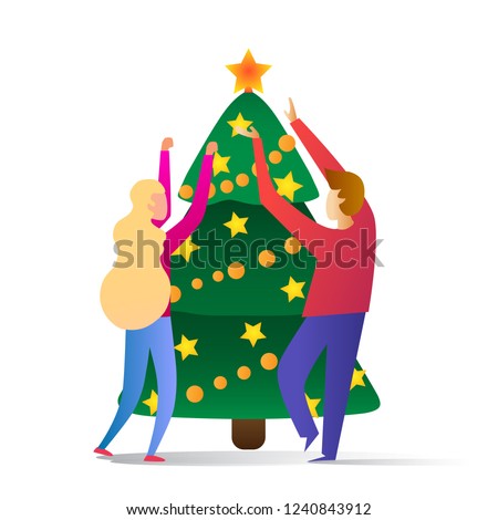 Couple decorating Christmas tree. Cute cartoon vector. 