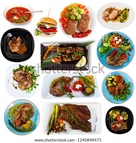 Set of dishes with cooked fried pork and beef  with different vegetables and greens