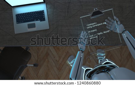 Humanoid robot with the clipboard and code on the display Hello World. 3d illustration.