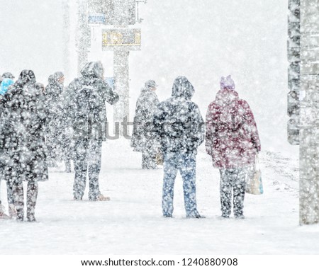 Blizzard in an urban environment. People on bus stop in snowfall. Abstract blurry winter weather background Royalty-Free Stock Photo #1240880908