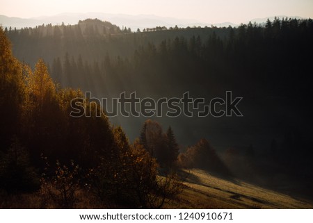 Mountain valley during bright sunrise. Beautiful natural landscape