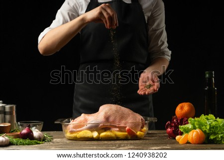 Cooking chef duck, chicken, turkey with fruit for the holiday, horizontal photo, black background