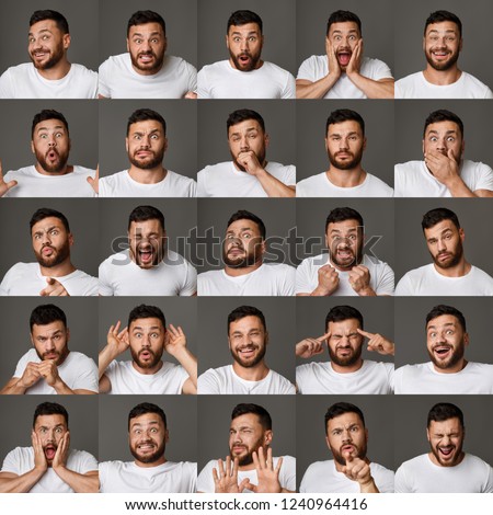 Set of young man portraits with different emotions and gestures Royalty-Free Stock Photo #1240964416